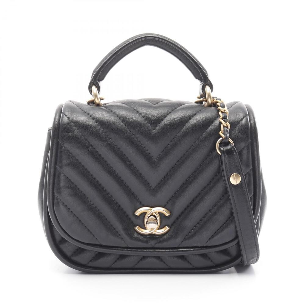 Chanel Chevron V stitch Shoulder Bag Lambskin Leather Black